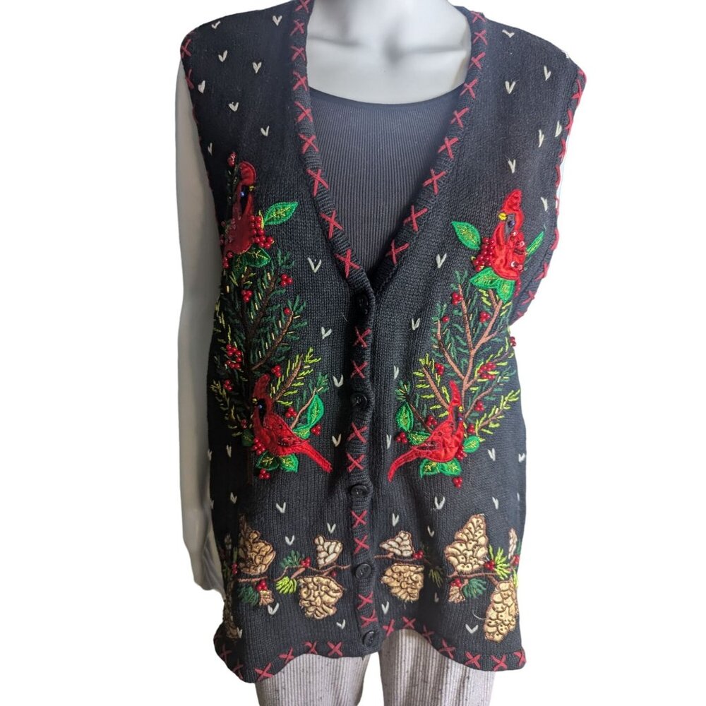 VTG Bobbie Brooks Winter Theme Sweater Vest Cardinals Embroidery & Beaded SZ XL